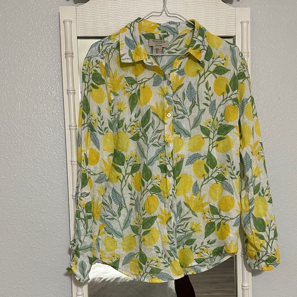 Martha Stewart Linen Lemon & Leaf Button-Down Shirt in Yellow and Green - Picture 3 of 8